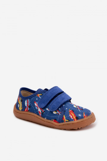 Detské šľapky Barefoot s kozmickými loďami Froddo Canvas G1700440-5 modrej farby