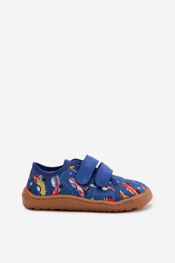 Detské šľapky Barefoot s kozmickými loďami Froddo Canvas G1700440-5 modrej farby 2