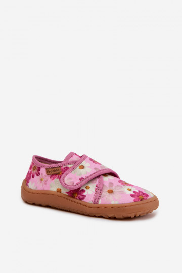 Detské šľapky s suchými zipsami Barefoot s kvietkami Froddo G1700438-8 ružovej farby