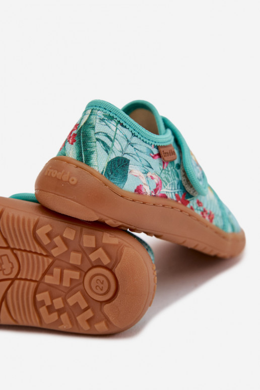 Papuče deti s lepiacimi spojkami Barefoot s kvetinovými motívmi Liście Froddo G1700438-14 mätové farby