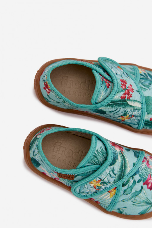 Papuče deti s lepiacimi spojkami Barefoot s kvetinovými motívmi Liście Froddo G1700438-14 mätové farby