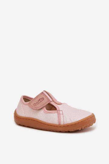 Detské šľapky s suchými zipsami a leskom Barefoot Froddo Canvas G1700439-2 ružovej farby