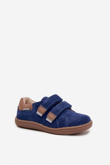Kožené barefoot detské topánky s reflexnými prvkami Bartek 8600366 tmavomodrej farby