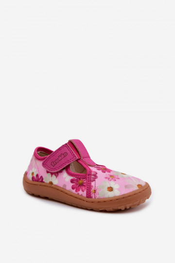 Detské šľapky so suchými zipsami a kvietkami Barefoot Frod