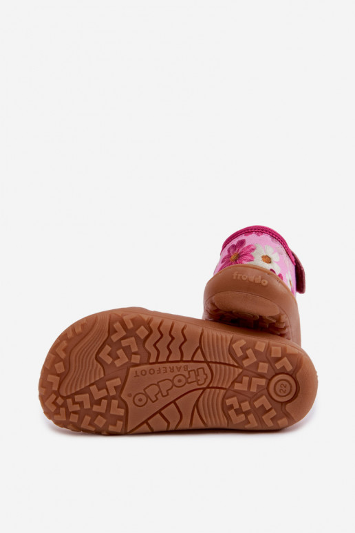 Papuče deti s lepiacimi spojkami s kvetmi Barefoot Froddo Cannvas G1700439-4 Ružová