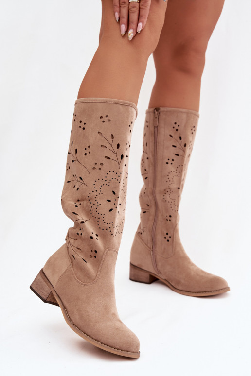 Chaki dámske nadkolenné topánky s čipkovanými prvkami Helinna