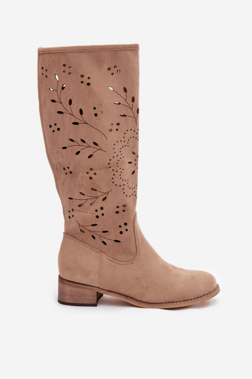 Chaki dámske nadkolenné topánky s čipkovanými prvkami Helinna