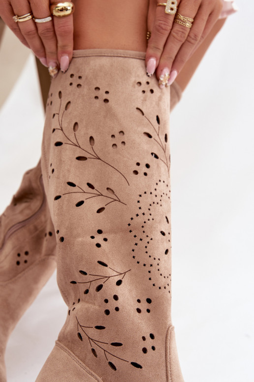 Chaki dámske nadkolenné topánky s čipkovanými prvkami Helinna