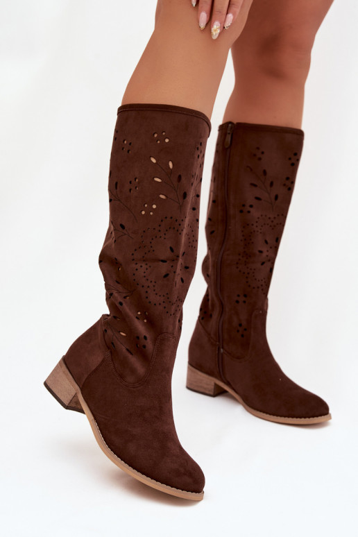 Šokoládové dámske vysoké topánky s čipkovanými prvkami Helinna