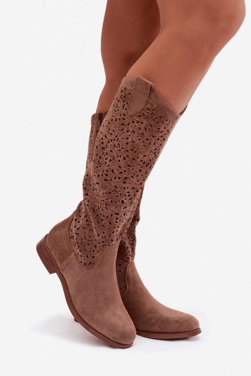 s prvkami prelamovania dámske čižmy so širokými podpätkami S.Barski HY61-8023 Hnedá farba