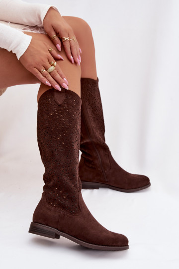 s prvkami prelamovania dámske čižmy so širokými podpätkami S.Barski HY61-8023 CzekoladoIne