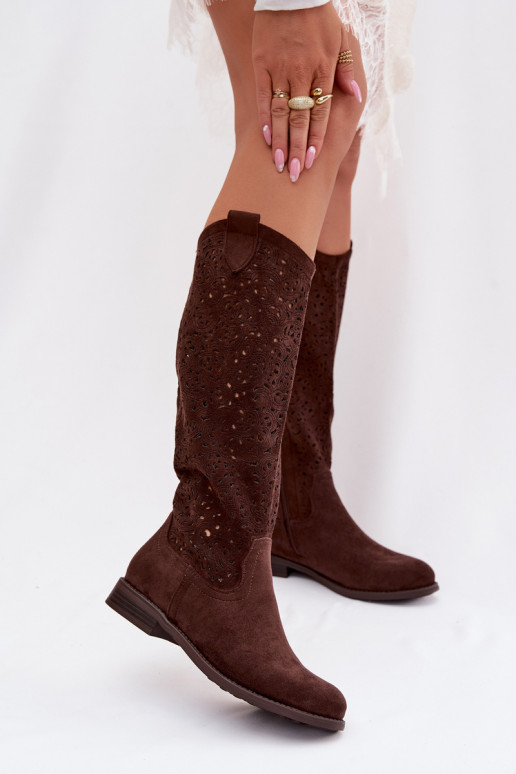 s prvkami prelamovania dámske čižmy so širokými podpätkami S.Barski HY61-8023 CzekoladoIne