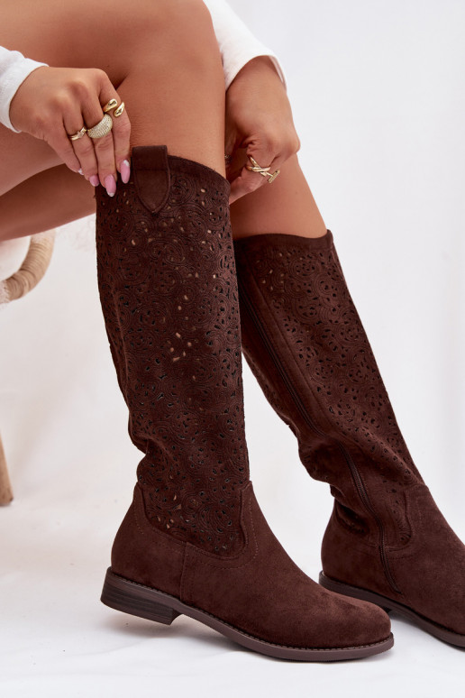 s prvkami prelamovania dámske čižmy so širokými podpätkami S.Barski HY61-8023 CzekoladoIne