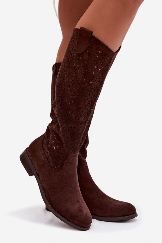 s prvkami prelamovania dámske čižmy so širokými podpätkami S.Barski HY61-8023 CzekoladoIne
