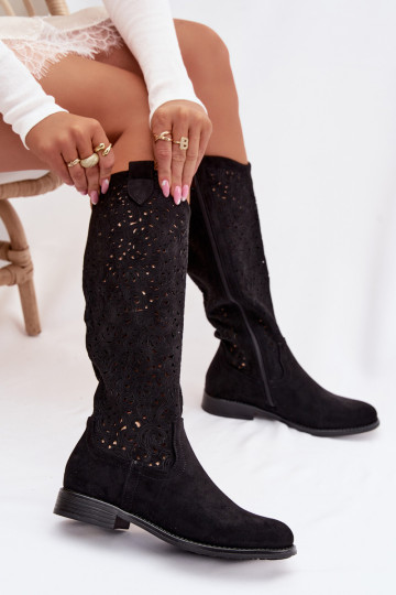 s prvkami prelamovania dámske čižmy so širokými podpätkami S.Barski HY61-8023 čierna