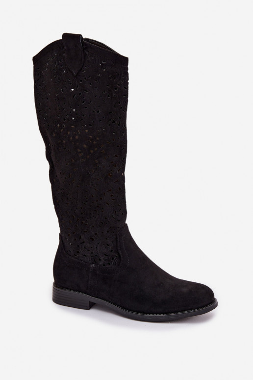 s prvkami prelamovania dámske čižmy so širokými podpätkami S.Barski HY61-8023 čierna