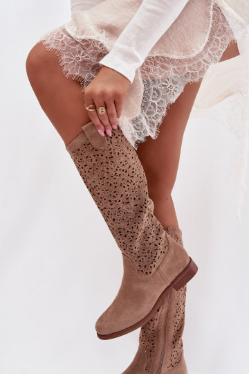 s prvkami prelamovania dámske čižmy so širokými podpätkami S.Barski HY61-8023 béžová 2