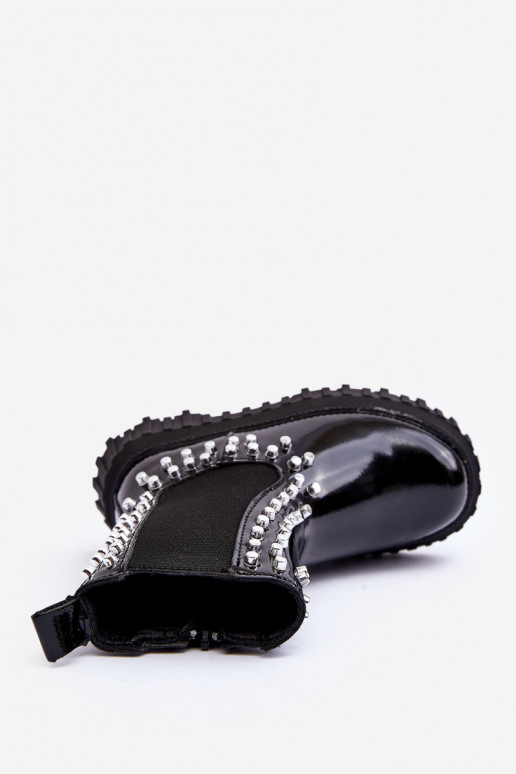 s lakovým efektom štýlové čižmy deti Zdobené S kamienkami čierna Adelie