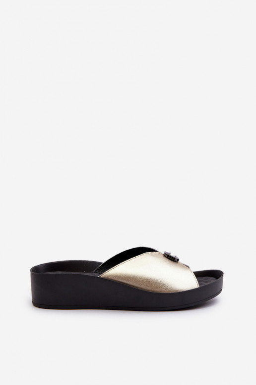 Kožené papuče Dámske s ozdobami zlatej farby S.Barski KV27-027