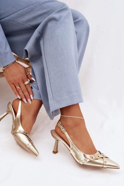 Dámske sandále s tenkými podpätkami S pruhmi I s prackami zlatej farby Parina