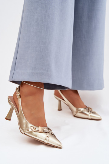 Dámske sandále s tenkými podpätkami S pruhmi I s prackami zlatej farby Parina 2