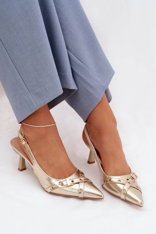 Dámske sandále s tenkými podpätkami S pruhmi I s prackami zlatej farby Parina