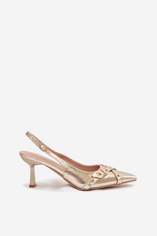 Dámske sandále s tenkými podpätkami S pruhmi I s prackami zlatej farby Parina