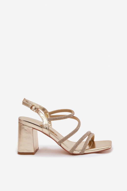 Dámske sandále na vysokom opätku S pruhmi A zirkóny zlatej farby Brelia