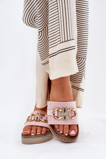 Dámske papuče s platformou s leskom I Złotą Ozdobą Ružová Rilirea