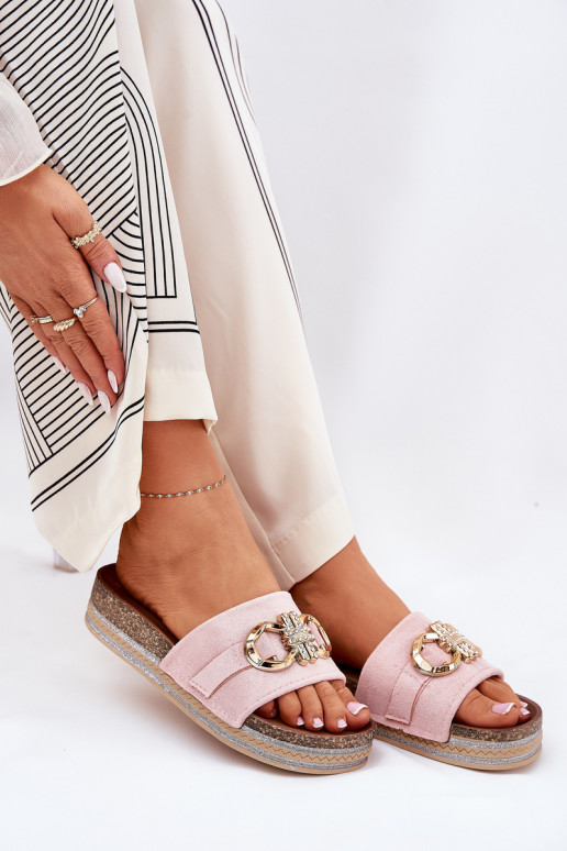 Dámske papuče s platformou s leskom I Złotą Ozdobą Ružová Rilirea