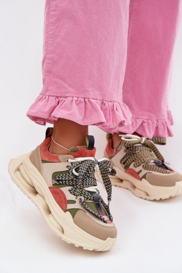 Kožené dámske sneakers s platformou D&A CR61-3133 pieskovej farby