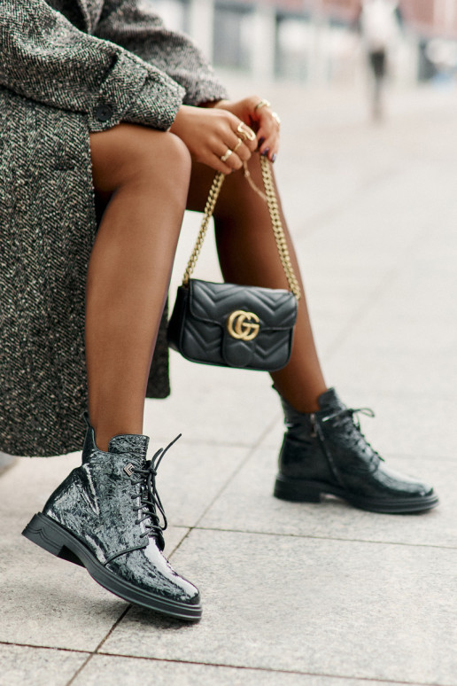 Kožené s lakovým efektom Dámske čižmy zahriať sa Zapnuté Hrad D&A LZ42-042 khaki farby