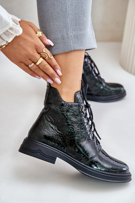 Kožené s lakovým efektom Dámske čižmy zahriať sa Zapnuté Hrad D&A LZ42-042 khaki farby