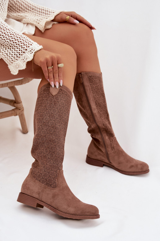 dámske čižmy s prelamovanými prvkami so širokými podpätkami S.Barski HY61-8022 Hnedá farba