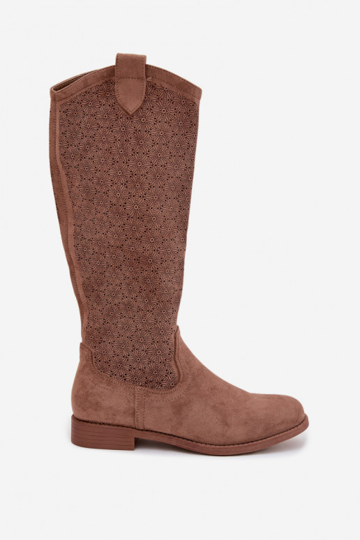 dámske čižmy s prelamovanými prvkami so širokými podpätkami S.Barski HY61-8022 Hnedá farba