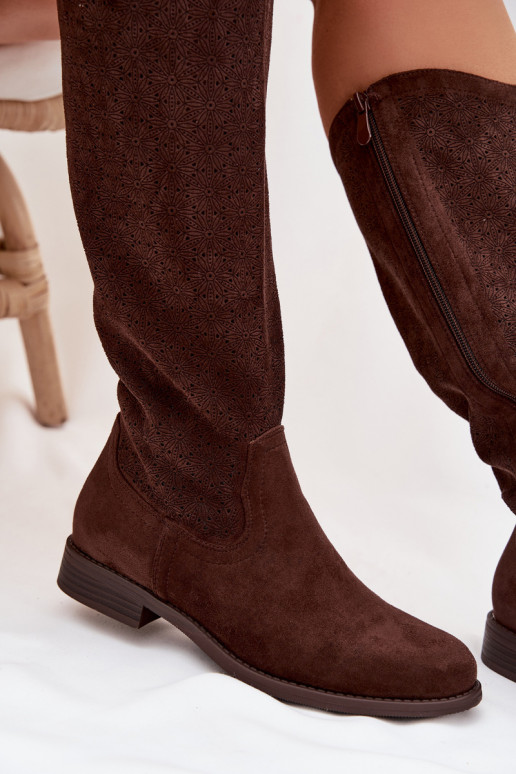 dámske čižmy s prelamovanými prvkami so širokými podpätkami S.Barski HY61-8022 CzekoladoIne