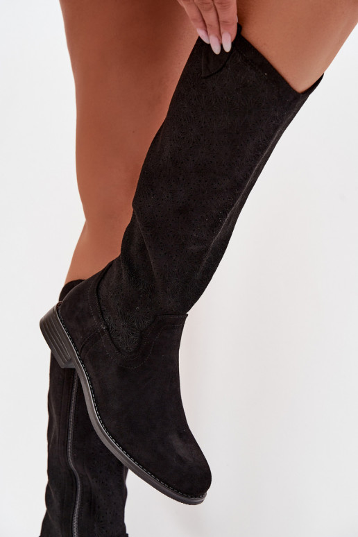 dámske čižmy s prelamovanými prvkami so širokými podpätkami S.Barski HY61-8022 čierna