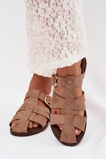 Dámske papuče so širokými podpätkami S pruhmi I Złotą s prackami béžová Elzora