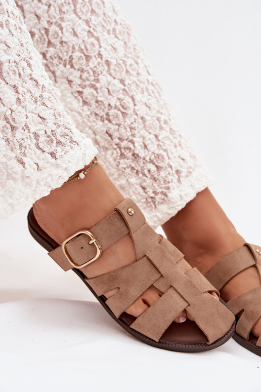 Dámske papuče so širokými podpätkami S pruhmi I Złotą s prackami béžová Elzora