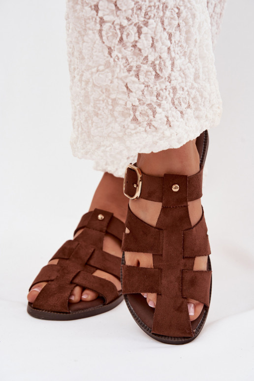 Dámske papuče so širokými podpätkami S pruhmi I Złotą s prackami Hnedá farba Elzora