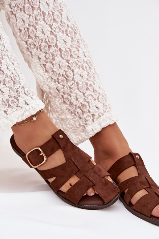 Dámske papuče so širokými podpätkami S pruhmi I Złotą s prackami Hnedá farba Elzora