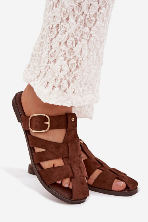 Dámske papuče so širokými podpätkami S pruhmi I Złotą s prackami Hnedá farba Elzora