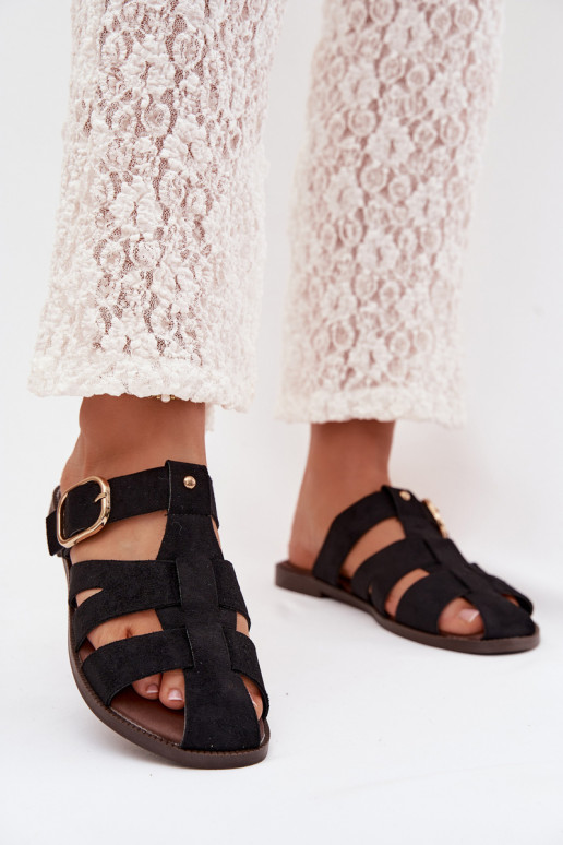 Dámske papuče so širokými podpätkami S pruhmi I Złotą s prackami čierna Elzora