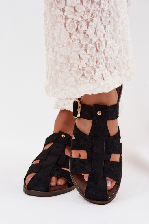 Dámske papuče so širokými podpätkami S pruhmi I Złotą s prackami čierna Elzora