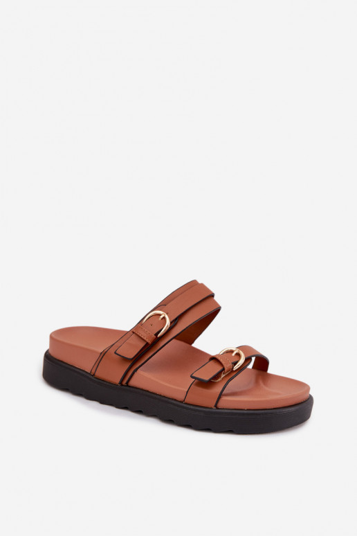 Dámske papuče s platformou S pruhmi I zlatej farbymi s prackamimi Hnedá farba Rirea