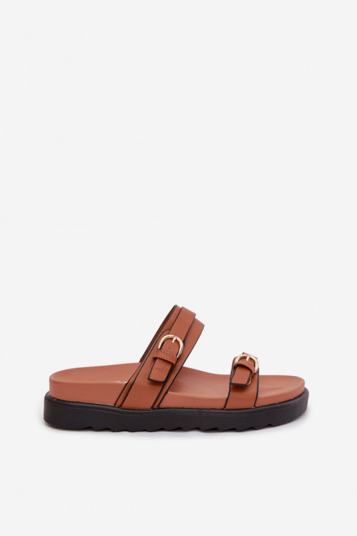 Dámske papuče s platformou S pruhmi I zlatej farbymi s prackamimi Hnedá farba Rirea