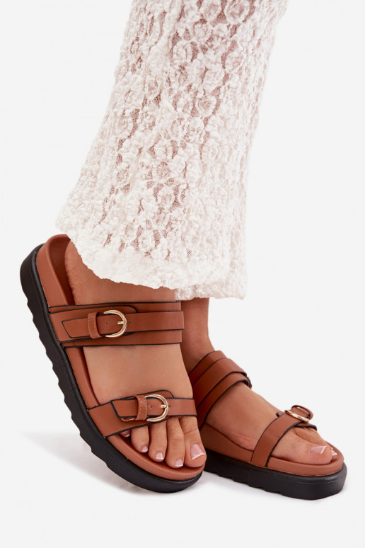 Dámske papuče s platformou S pruhmi I zlatej farbymi s prackamimi Hnedá farba Rirea