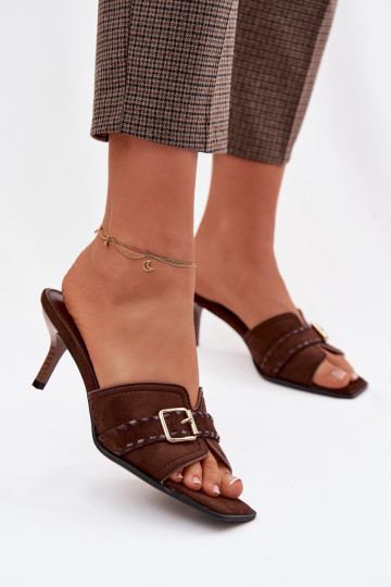 Dámske papuče s tenkými podpätkami s popruhmi I Złotą s prackami CzekoladoIne Jelira