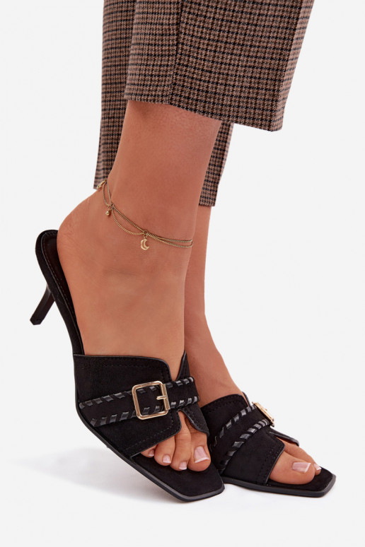 Dámske papuče s tenkými podpätkami s popruhmi I Złotą s prackami čierna Jelira