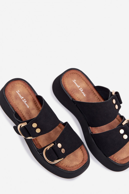 Dámske papuče s platformou Ze zlatej farbymi s prackamimi čierna Nelirae